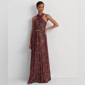 NWT Lauren Ralph Lauren Metallic Chiffon Halter Gown Dress 16 Purple Paisley